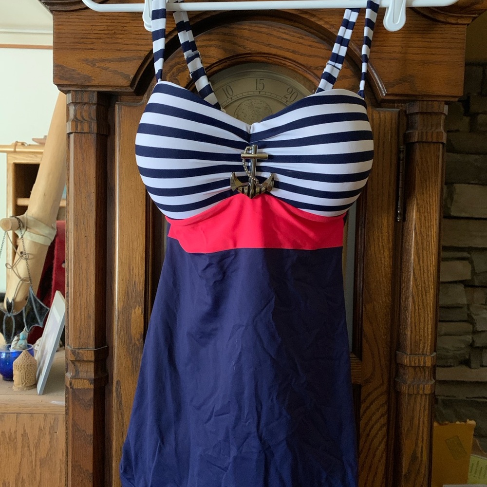 Navy and Pink Striped Anchor Tankini Top Only